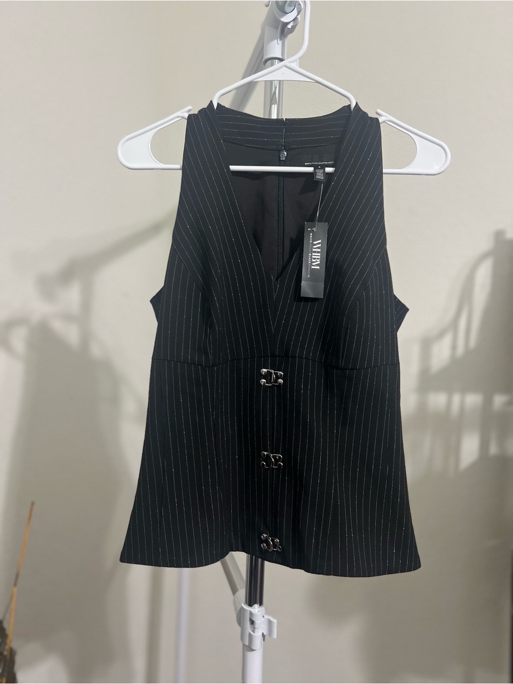 NWT White House Black Market Black Pinstripe Sleeveless Hook-Front Top